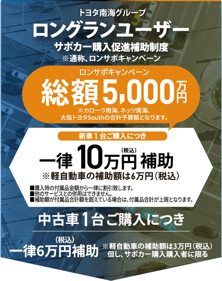 ロンサポ制度 長期保有のお客様対象で新車1台ご購入につき一律10万円（税込）補助